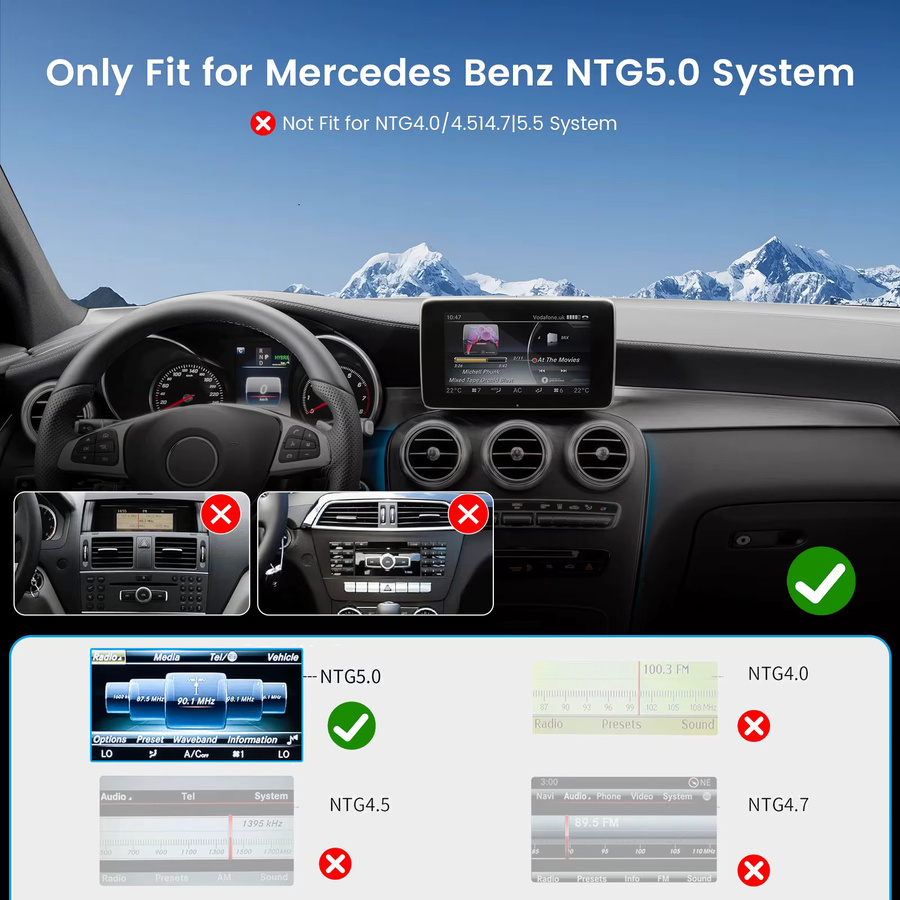 Podofo Wireless CarPlay und Android Auto Nachrüstkit für Mercedes Benz NTG 5.0 5.1 5.2 C-Klasse W205 und GLC 2015-2019 in Schwarz mit Rückfahrkamera-Unterstützung - Bild 2