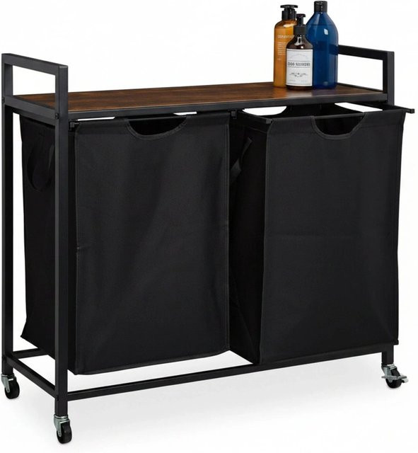 Relaxdays Wäschekorbregal im Industrial Design aus Eisen und MDF mit Baumwollkorb, Schwarz und Dunkelbraun, B/T/H: 74,5 x 33 x 80 cm - Bild 1
