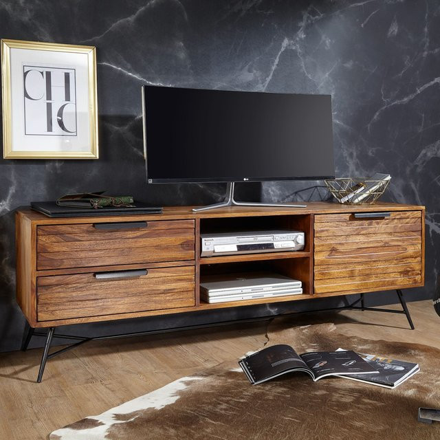 FineBuy Lowboard aus Sheesham Massivholz in Braun im Industrial-Look als Fernsehschrank und Hifi-Board für dein Wohnzimmer - Bild 1