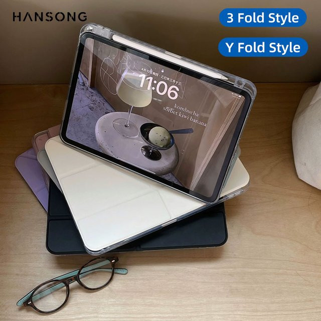 Hansong Schutzhülle für iPad 5. und 6. Generation 9,7 Zoll, transparent, dreifach faltbar mit Stifthalter und Acryl-Basis-Schale - Bild 1