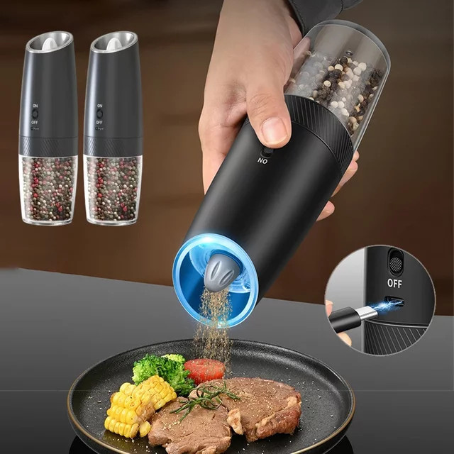 Venlohome 2er Set Elektrische Automatische Gewürzmühlen mit Schwerkraftsensor, Einstellbare Mahlstärke und LED-Licht, Schwarz - Bild 1
