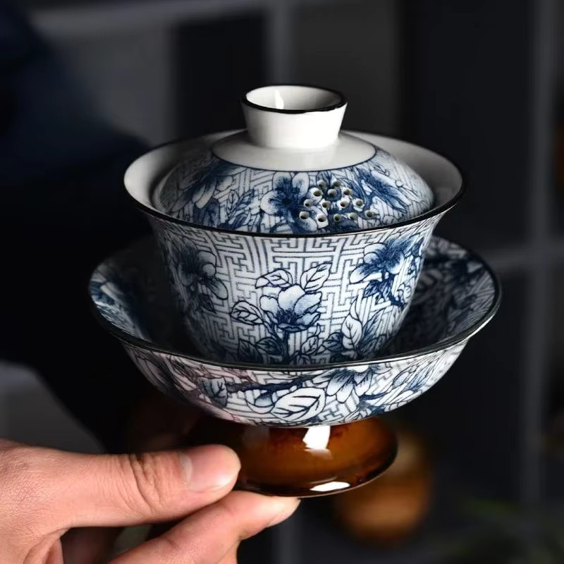 Handgefertigte Keramik-Gaiwan aus Porzellan in Blau und Weiß, 160 ml, Gongfu-Teegeschirr mit hohem Fuß - Bild 2