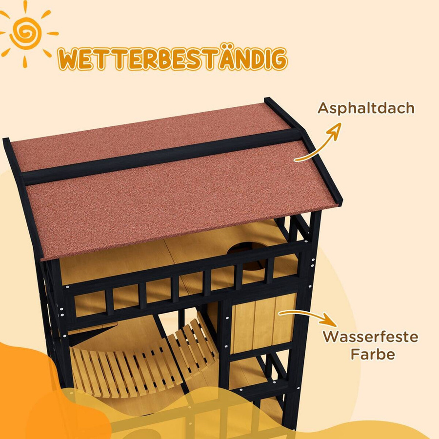 PawHut Katzenhaus aus Kiefernholz in Gelb mit Plattformen und Hängebrücke für bis zu 2 Katzen, B/H/L: 60 x 116 x 84 cm - Bild 4