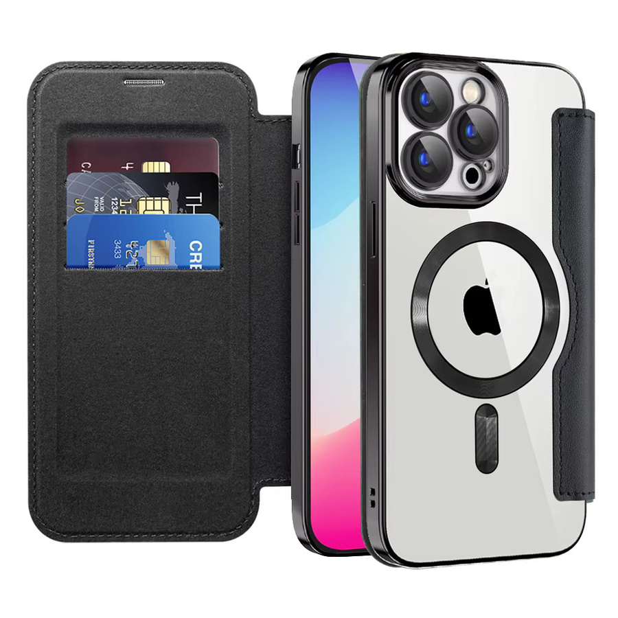 MagSafe Lederhülle mit Kartenfächern für iPhone 16 15 14 13 12 Pro Max Plus, magnetische Flip-Brieftaschenhülle in Schwarz - Bild 3