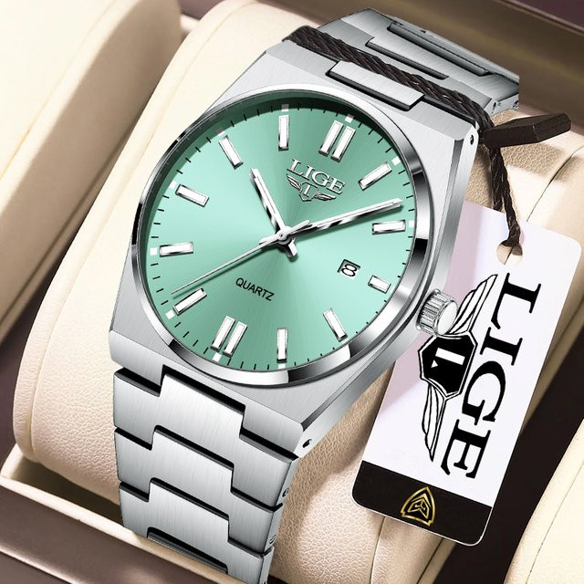 LIGE Armbanduhr Quarz, Edelstahl, Silber, Herren, Grün, Analoguhr - Bild 1