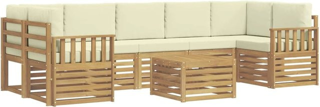 vidaXL Outdoor-Sofagarnitur 8-teilig in L-Form aus Akazienholz mit Kissen in Weiß und Beige aus UV-beständigem Polyester - Bild 1