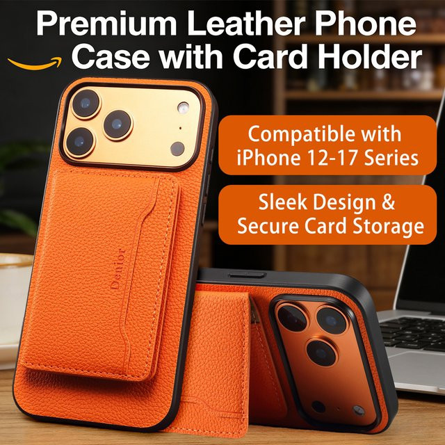 Denior Handyhülle für iPhone 17/16/15/14/13/12 Pro Max mit Litschi-Muster aus PU-Leder in Orange, magnetisch und abnehmbar, kompatibel mit kabellosem Laden - Bild 1