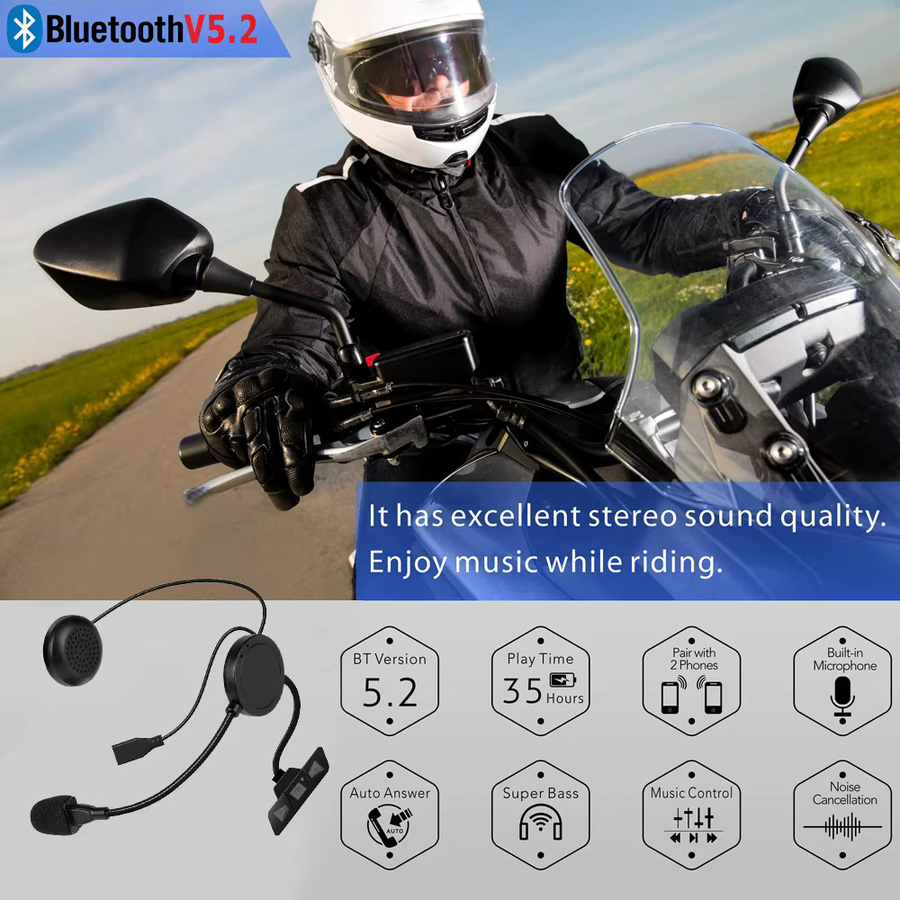 kebidumei Bluetooth 5.2 Motorrad Helm Headset in Schwarz mit Mikrofon und Stereo Musik Player - Bild 5