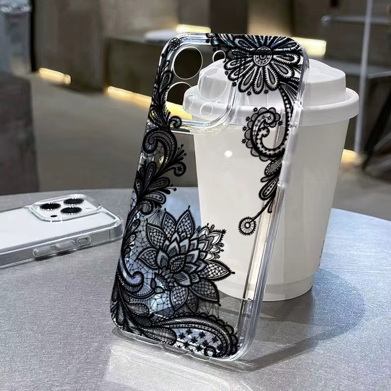 Schwarze Handyhülle mit Spitzen-Blumenmuster für Xiaomi Redmi Note 14 13 12 11 10 Pro Plus 13C 14C 4G 5G, Transparentes Soft TPU Cover - Bild 1