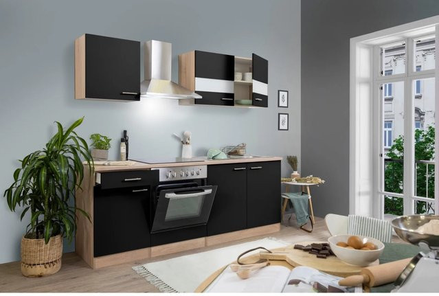 Respekta Küchenzeile KB210ESSC in Schwarz-Eiche Sägerau Nachbildung mit Glastüren und Soft-Close-Funktion, Breite: 210 cm, Tiefe: 55 cm - Bild 1