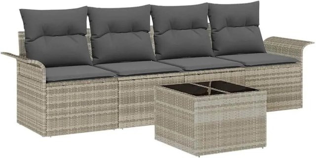 vidaXL Garten-Sofa-Set 5-teilig aus Poly-Rattan in Hellgrau inklusive Polster und Tisch - Bild 1