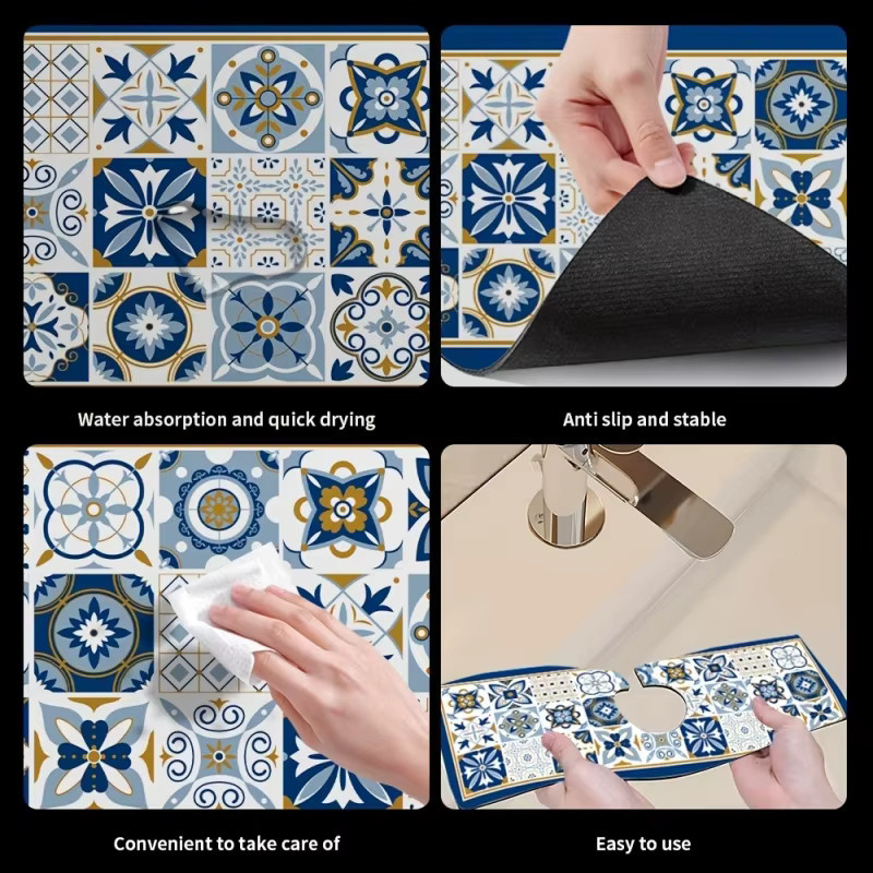 VIKAMA Mehrteilige Steinfliesen-Spülbeckenmatte aus Stein, Saugfähige und Schnelltrocknende Badezimmer-Waschtischmatte in geometrischem Design - Bild 5