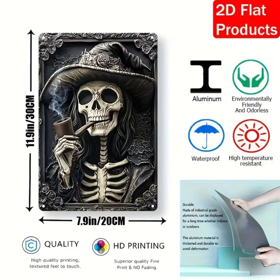 HELLOYOUNG Skeleton Witch Aluminiumschild – Quadratische Wanddekoration aus Metall im Vintage-Stil, Mehrfarbig, B/H: 30 x 45 cm - Bild 2