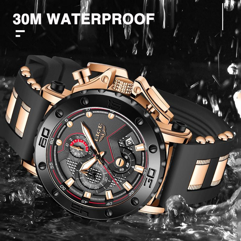 LIGE Armbanduhr, Digitaluhr, Quarz, Edelstahl, Silikon, Schwarz/Gold, Herren - Bild 8