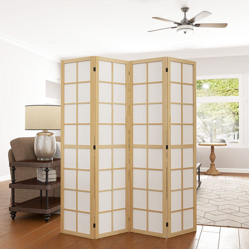 HOMCOM Paravent 4-teilig aus Kiefernholz und Stoff in Braun und Beige, Faltbarer Raumteiler als Sichtschutz mit gitterförmigem Design, Breite: 160 cm, Höhe: 170 cm - Bild 2
