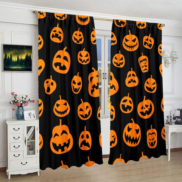 2er-Set Halloween Vorhänge mit Dämonen-Kürbis-Print von Yiran Furniture in Orange, Polyester, B: 76,2 cm, H: 165,1 cm - Bild 1