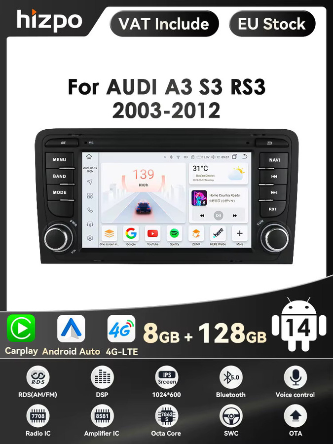 HIZPO Android Autoradio mit 7 Zoll Display, 4G-LTE, CarPlay und GPS für Audi A3 8p (2007-2012) sowie S3 (2013-2015) und RS3, Schwarz - Bild 5