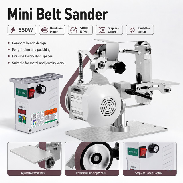 Elektrischer Mini-Bandschleifer mit 550W und 5000 U/min, bürstenloser Bandschleifer in Weiß mit stufenloser Geschwindigkeitsregelung und verstellbarem Arbeitstisch - Bild 1