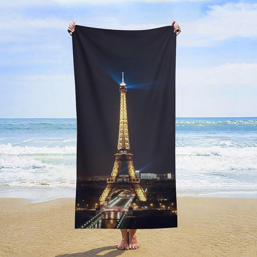 Sandfreies und schnelltrocknendes Strandtuch von Creative Man mit Eiffelturm im Nacht-Motiv in Weiß, B: 40 cm, H: 60 cm - Bild 4
