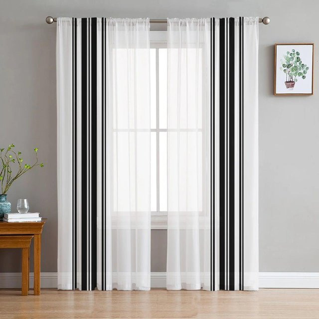 A Family Of Home Textiles Transparente Tüll-Vorhänge mit schwarz-weißen vertikalen Streifen, 2er-Set, Breite: 135 cm, Höhe: 213 cm - Bild 1