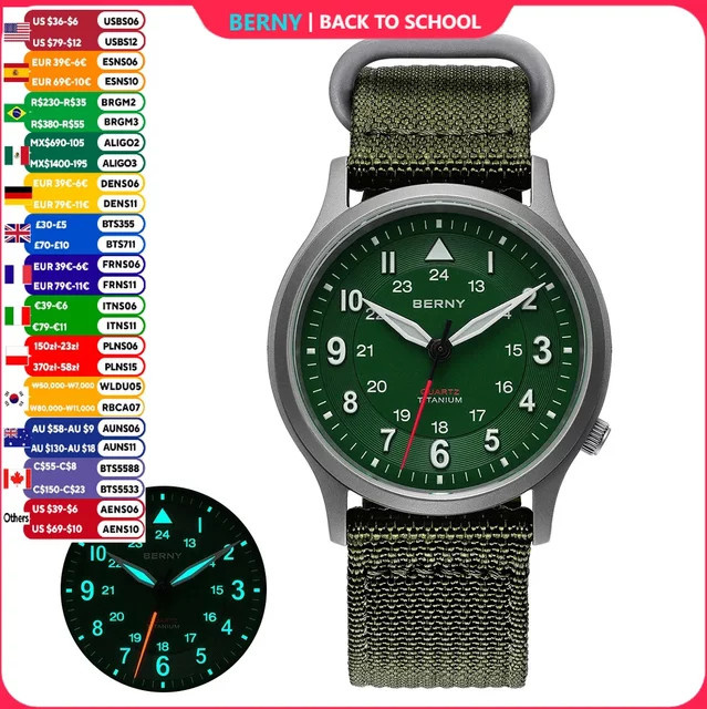 BERNY Armbanduhr Titan, Quarz, Textil/NATO, Grün, Herren - Bild 1
