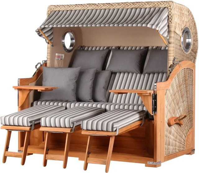 bene,iving Strandkorb Komplettset Königssee 3 Sitzer aus Teakholz mit PE Shell Modell 545, Farbe Braun, inklusive Liftersystem, Schutzhülle, Doppelrollen und Glasbecherhalter - Bild 1