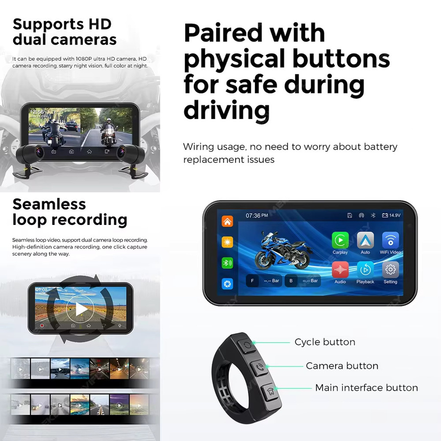 TomoStrong Tragbares Motorrad GPS Navigationsgerät mit 6,25 Zoll Display, IP67 Wasserdicht, Wireless CarPlay und Android Auto, DVR Stick Recorder mit Dual Bluetooth, Schwarz - Bild 6