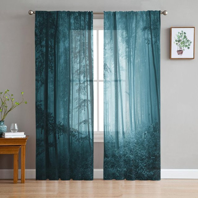 Transparenter Tüllvorhang Super Six mit Wald- und Nebel-Motiv in Blau, Breite: 135 cm, Höhe: 274 cm - Bild 1