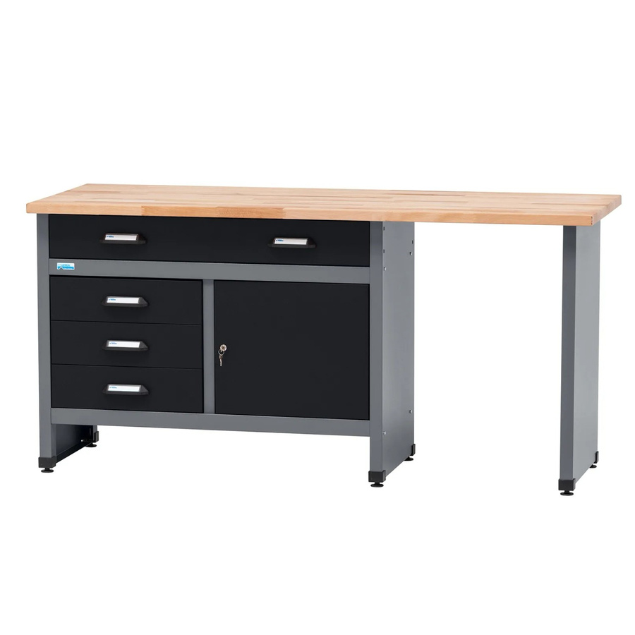 Küpper Werkbank Eintürig mit 4 Schubladen aus Vollbuchenplatte, Schwarz-Hellgrau, B/T/H: 84 x 60 x 170 cm - Bild 2