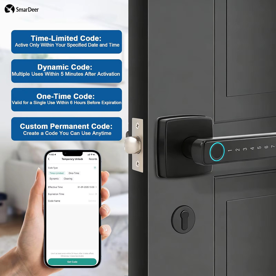 SmarDeer Elektronisches Smart Lock in Schwarz mit Bluetooth und Fingerabdruck für Tuya Smart Life Hausautomation, ideal für Hotel und Büro - Bild 6