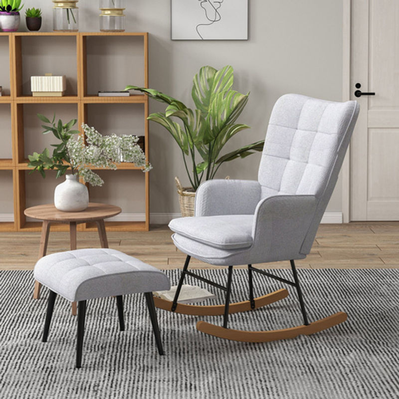 HOMCOM Schaukelstuhl mit Hocker in Leinenoptik, Grau, B/T/H: 64 x 89 x 90 cm - Bild 5