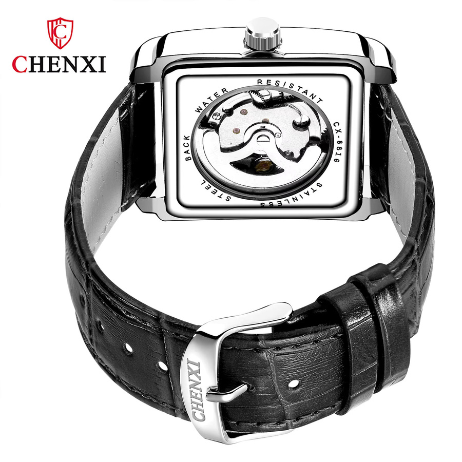 CHENXI Armbanduhr, Automatik, eckig, Edelstahl, Leder, Schwarz, Herren - Bild 5