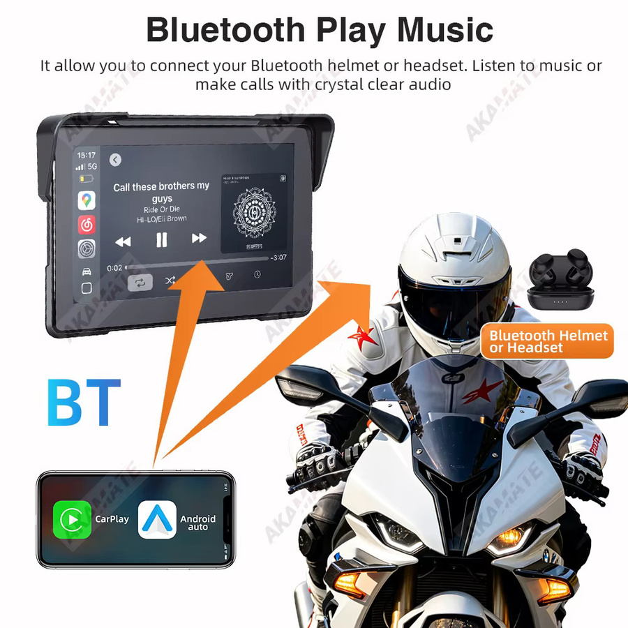 AKAMATE 7-Zoll Motorrad-Recorder mit CarPlay, Android Auto und Bluetooth in Schwarz - Bild 4