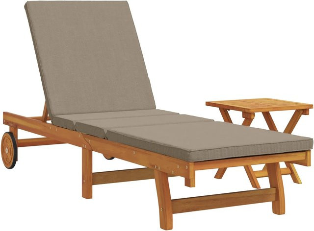 vidaXL Sonnenliege aus Akazienmassivholz mit Tisch und Kissen in Braun und Beige - Bild 1