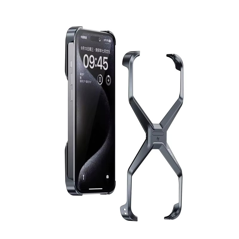 Stoßfestes Aluminium Handycase ohne Rand für iPhone 16 15 14 13 Pro Max mit X-Typ abnehmbarer Wärmeableitung in Grau und Silber - Bild 4