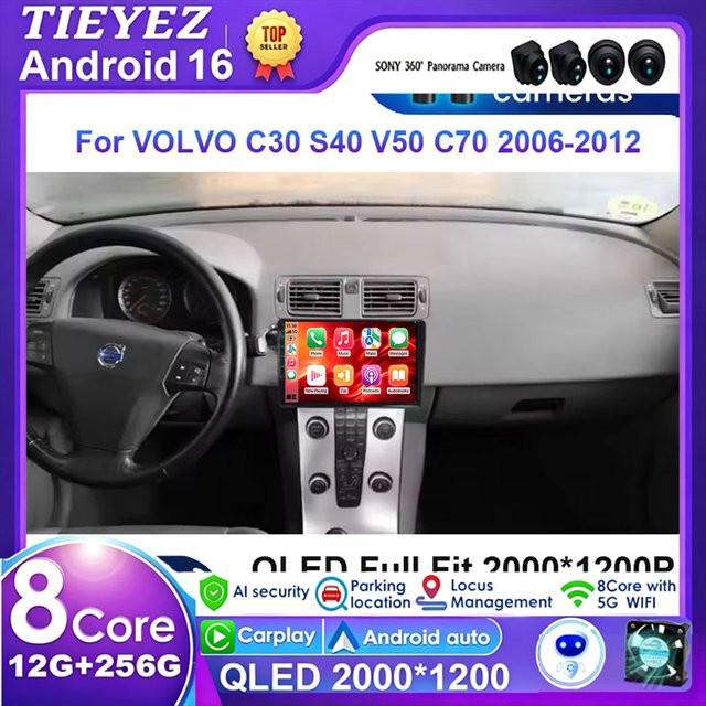 TIEYEZ Android 16 Autoradio-Navigationsgerät für VOLVO C30 S40 V50 C70 (2006-2012) mit 2K QLED Display, Carplay, GPS, 4G und DSP in Schwarz - Bild 1
