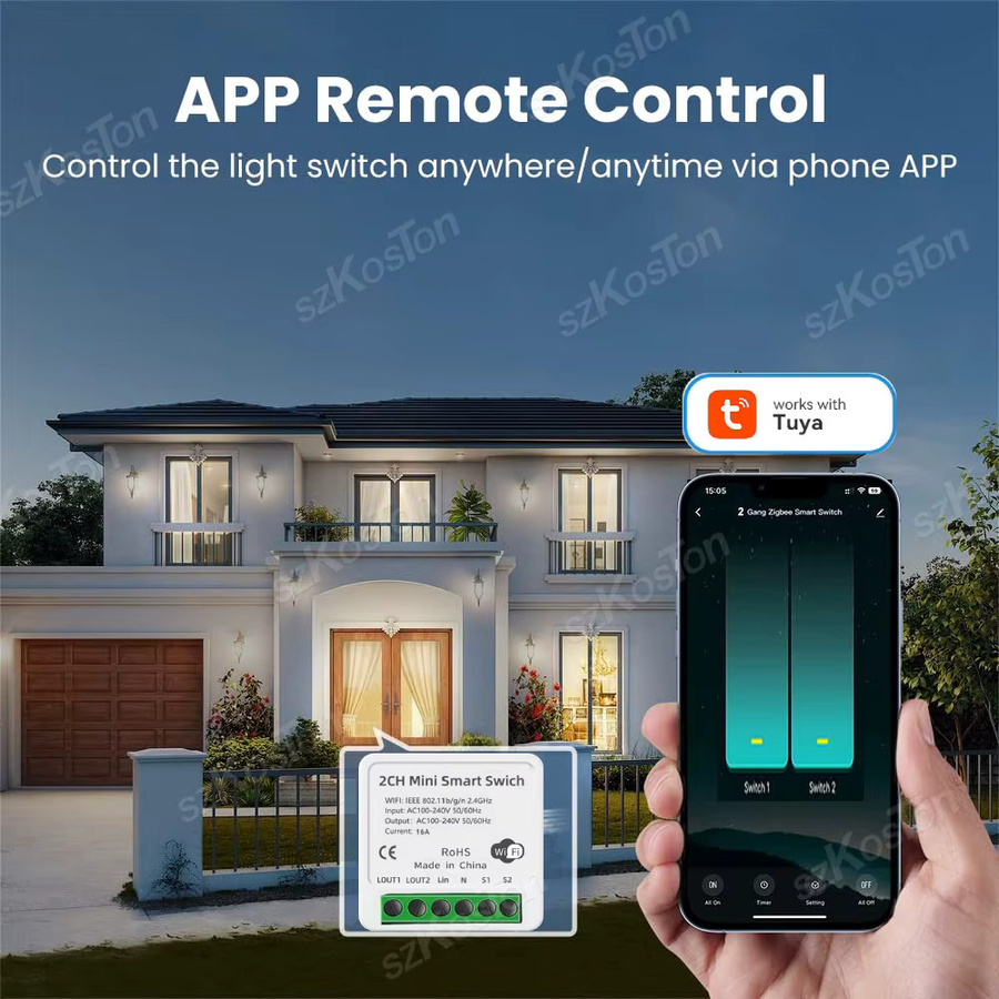SZKOSTON 2-Kanäle WiFi Smart Switch mit Tuya und Smart Life App, 16A DIY Breaker Relais Lichtschalter in Weiß, kompatibel mit Alexa und Google Assistant - Bild 2