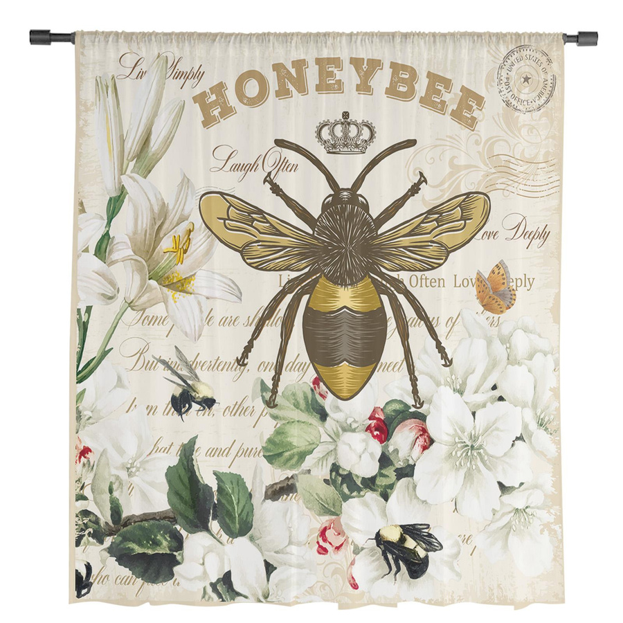 Transparente Tüll-Voile-Vorhänge mit floralem Bienen-Azalee Blumenmuster in Multicolour, Breite: 135 cm, Höhe: 115 cm - Bild 2