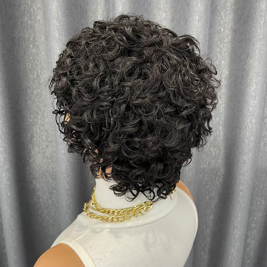 OYM HAIR Pixie-Perücke, Echthaar, Schwarz, Lockig, Damen - Bild 5
