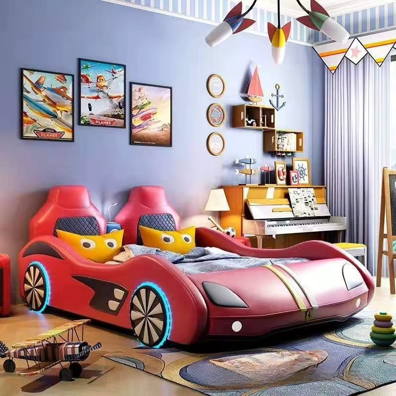 Modernes Cartoon-Doppelbett aus Massivholz für Teenager mit Geländer und Unterbettbeleuchtung in Braun und Rot, B: 120 cm, L: 190 cm - Bild 2
