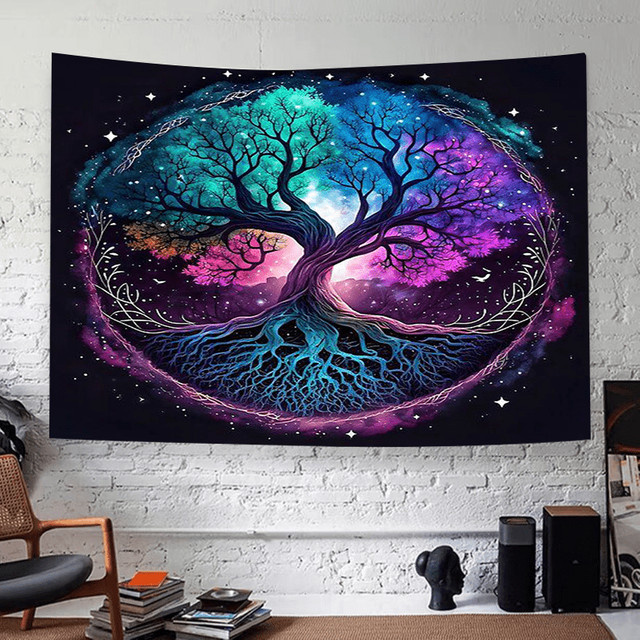 VIKAMA Wandteppich Baum des Lebens mit Sternenhimmel und Nebel im nordischen Stil, Mehrfarbig, B/H: 75 x 58 cm - Bild 1