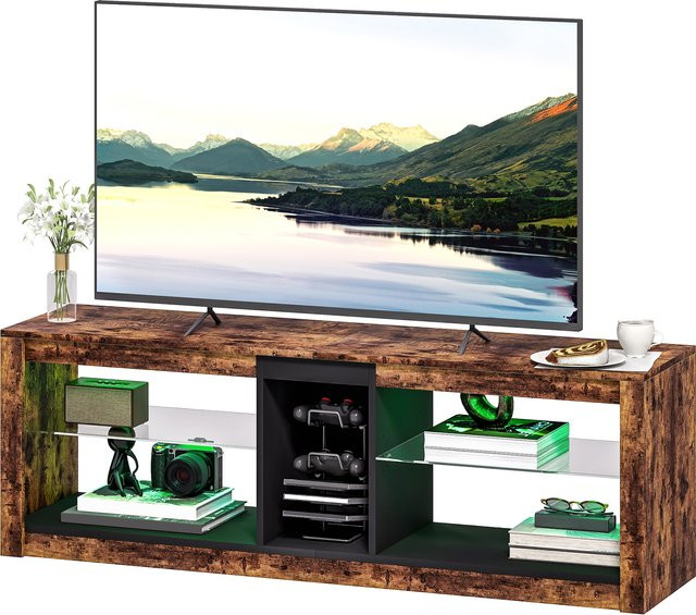 HOMCOM TV-Möbel mit LED-Lichtern und Fernbedienung, moderne TV-Holzbank für Fernseher bis zu 65 Zoll mit offenen Regalen und Fächern, Farbe: Braun, B/T/H: 140 x 35 x 47 cm - Bild 1