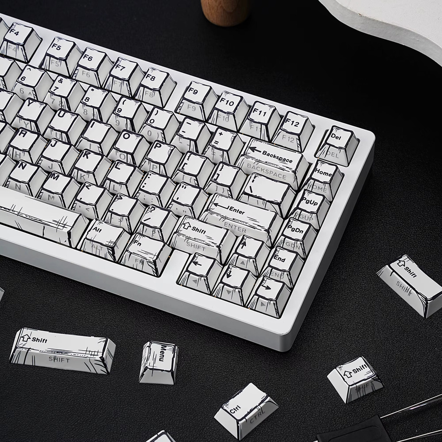 Jaycomia Comic White Keycaps im Cherry Profile mit Dye-Sub Doppeldruck für mechanische Tastaturen im ISO-Layout, 131 Tasten in Weiß - Bild 2