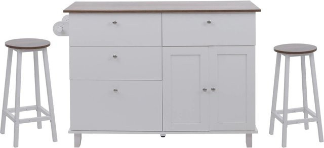 Kücheninsel MCW-P62 mit 2 Sitzhockern und Staufächern in Weiß und Dunkelbraun, B/T/H: 131 x 90 x 47 cm - Bild 2