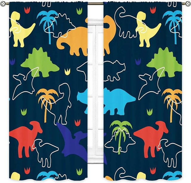 2er-Set Yiran Furniture Vorhänge mit Dinosaurier-Motiv aus Polyester, halbtransparent, Mehrfarbig, B: 110 cm, H: 214 cm - Bild 1