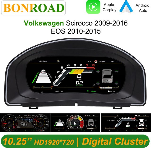 Bonroad 10,25 Zoll LCD Digitales Armaturenbrett für VW Scirocco 2009-2016 und EOS 2010-2015 mit Carplay und Android Auto in Schwarz - Bild 1