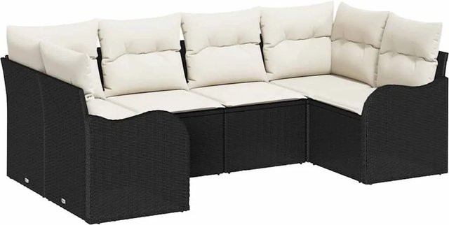 vidaXL Garten-Sofa-Set aus Poly Rattan in Schwarz-Weiß, 6-teiliges L-Shape Lounge-Set mit UV-beständigen Outdoor-Kissen - Bild 1