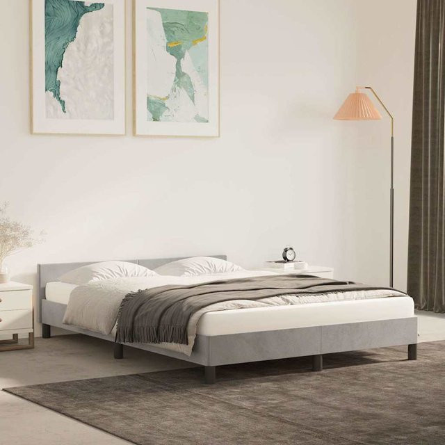 vidaXL Bettgestell mit Kopfteil aus Samt in Hellgrau, B/T/H: 140 x 200 x 143 cm - Bild 2