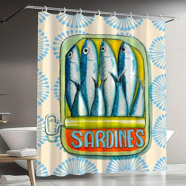 Vikama Duschvorhang mit Aquarell-Sardinendose im Retro-Design, wasserdicht und schimmelresistent, B: 150 cm, H: 180 cm - Bild 1