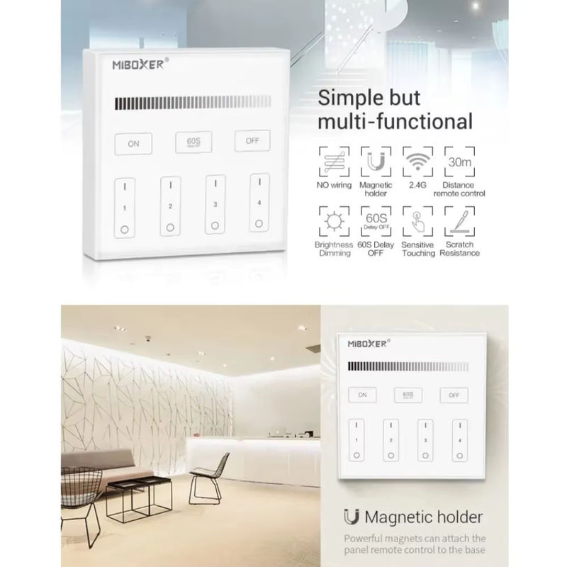 Miboxer LED-Touchpanel-Fernbedienung 2,4 GHz Dimmcontroller für B0 B1 B2 B3 B4 B8 Lampen (4-Zonen oder 8-Zonen für einfarbige, RGB+CCT, RGBW oder LED-Leuchten) - Bild 2